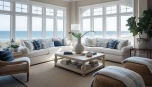 Modern luxury living room with comfortable sofa, elegant decor, and wide windows generated by AI