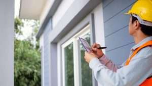 Home inspector holds clipboard and takes notes