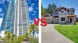 High-rise condo building and a single-family home