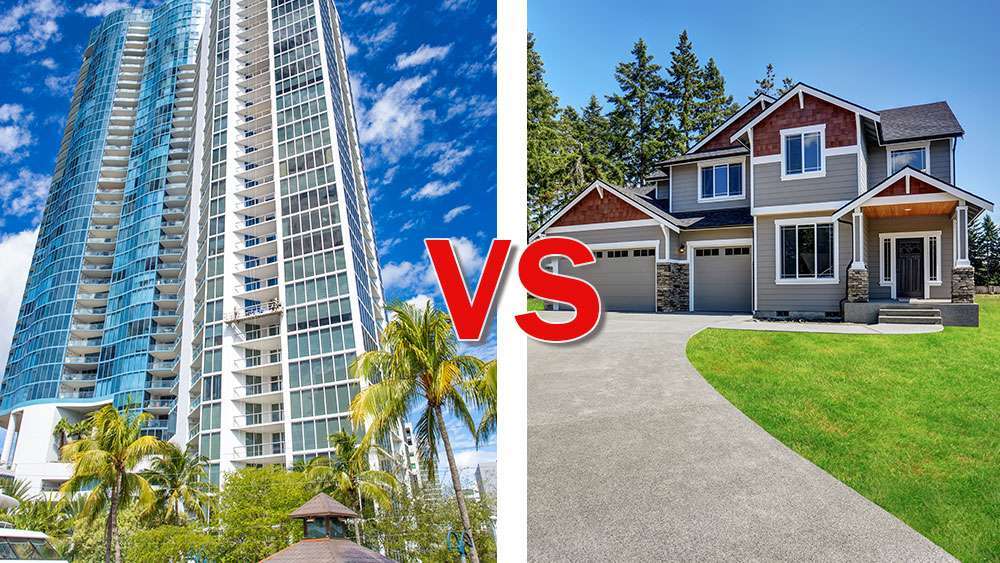 Condos vs. Single-Family Homes: What's the Difference, Pros and Cons High-rise condo building and a single-family home