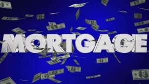The word "mortgage" surrounded by dollar bills